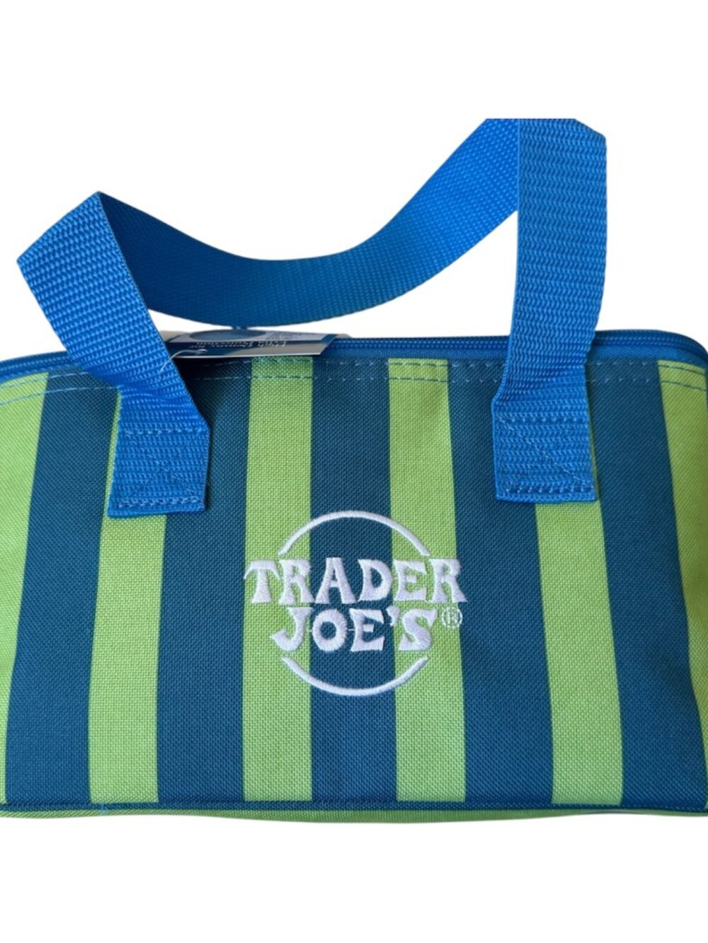 Trader Joe 2026 Mini Insulated Tote Summer Collection Pastel Blue & Green Stripe